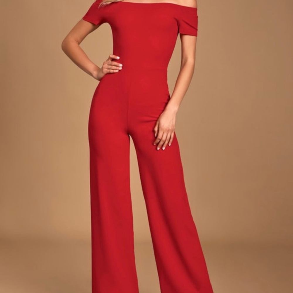 Red off the shoulder jumpsuit